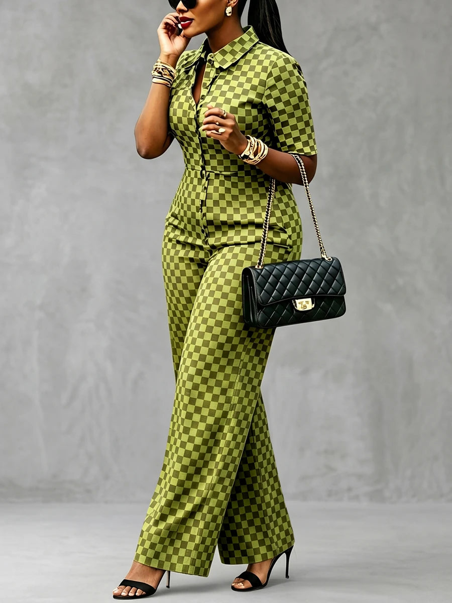 Green Checkerboard Jumpsuit – Button-Front Wide-Leg One-Piece