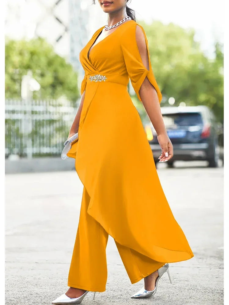 V-neck Chiffon 2-piece Plus Size Jumpsuit