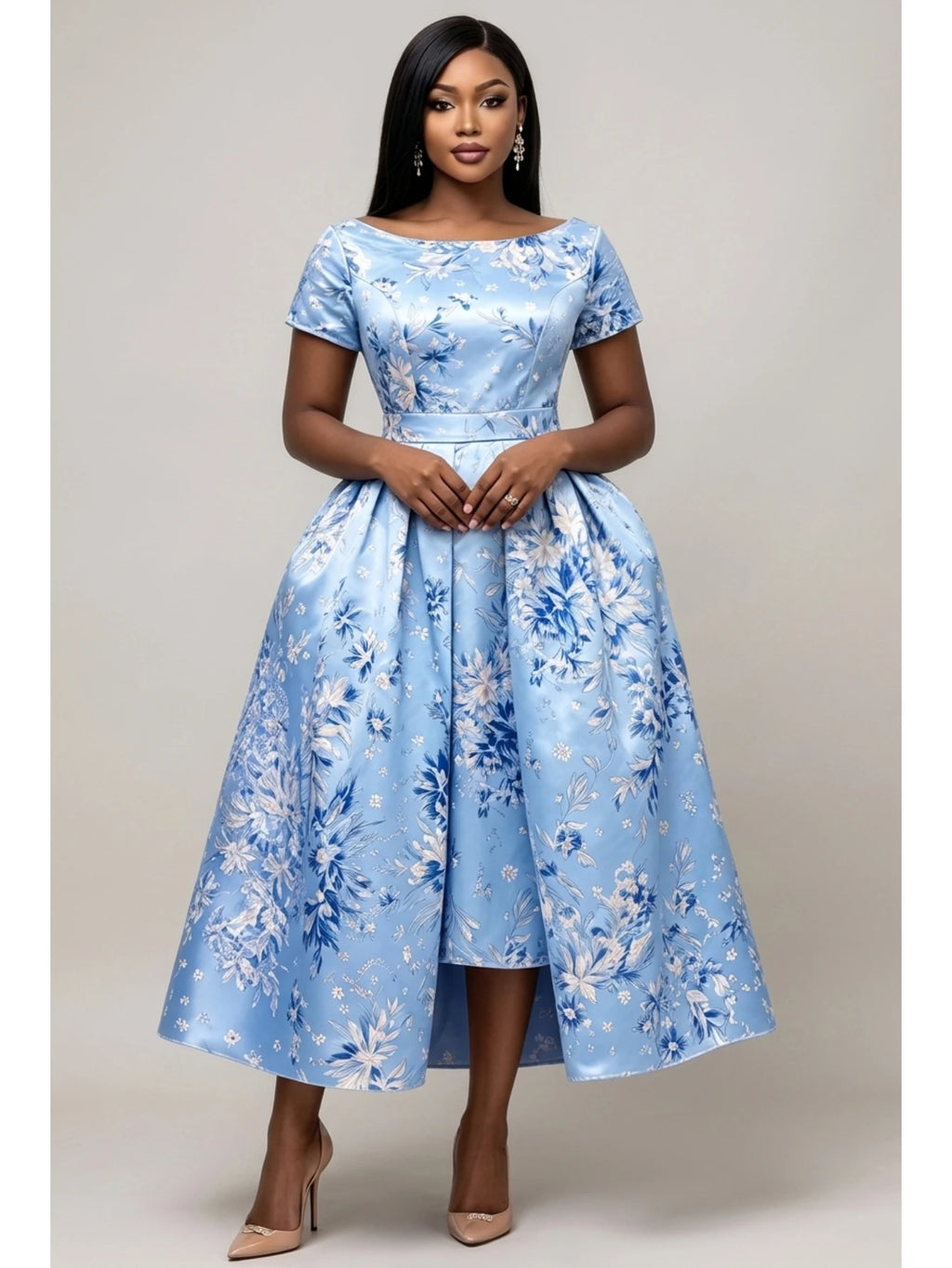 Blue Floral Fit-and-Flare Midi Dress