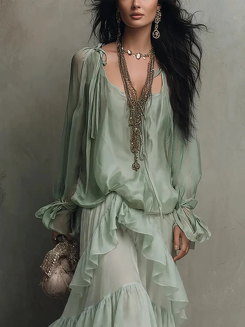Boho Flowy Chiffon Two-Piece Maxi Skirt Set