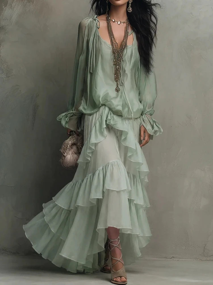 Boho Flowy Chiffon Two-Piece Maxi Skirt Set