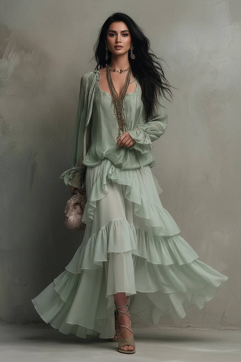 A woman models a light sage green two-piece outfit consisting of a long-sleeve blouse with ruffled details and a matching tiered ruffle maxi skirt, styled with a long statement necklace and holding a small metallic clutch against a textured gray wall.