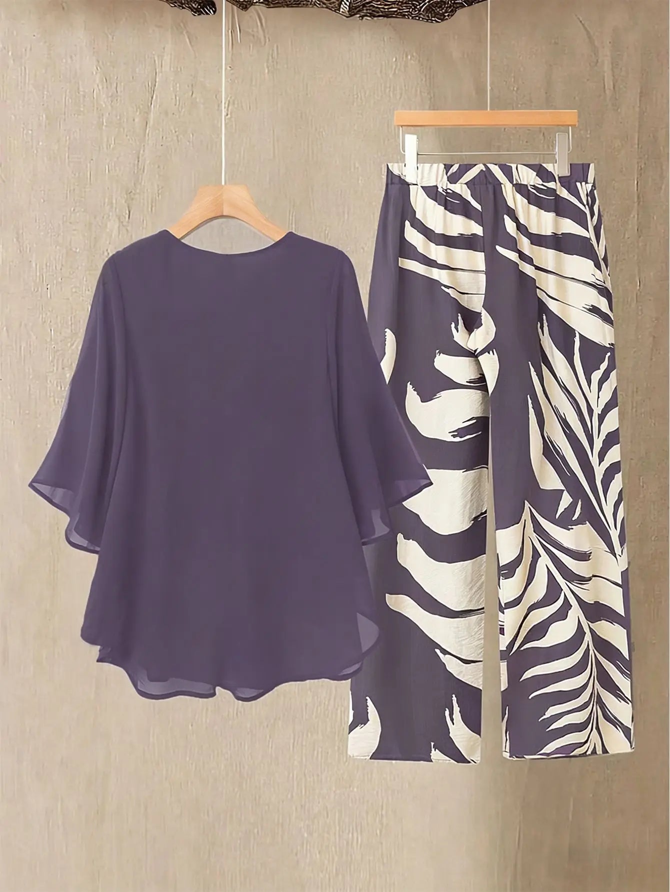 Women's Chiffon Overlay Top & Tropical Leaf Print Wide Leg Pants 2 Piece Set | Elegant Summer Resort Outfit Bazaare Mart 2 pc. Pants Outfit