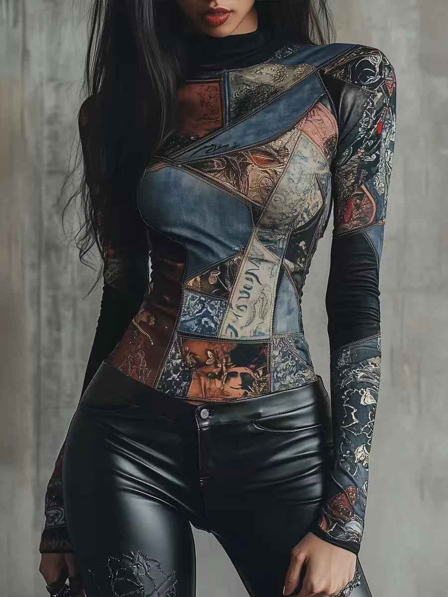 Abstract Geometric Mock Neck Long Sleeve Top