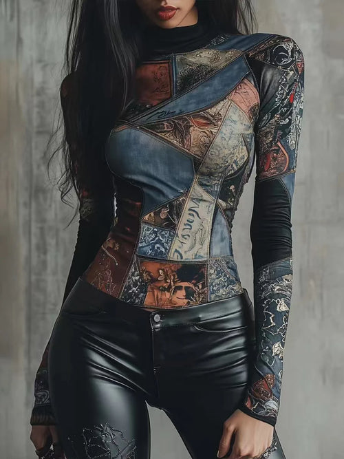 Abstract Geometric Mock Neck Long Sleeve Top