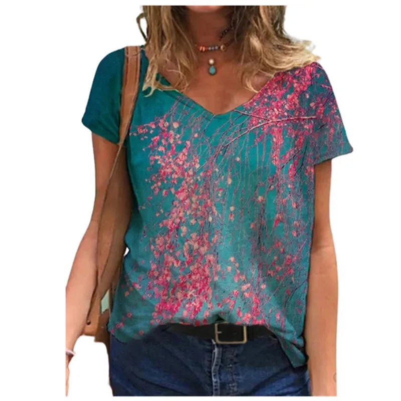 Women's Floral 3D Print V-Neck T-Shirt