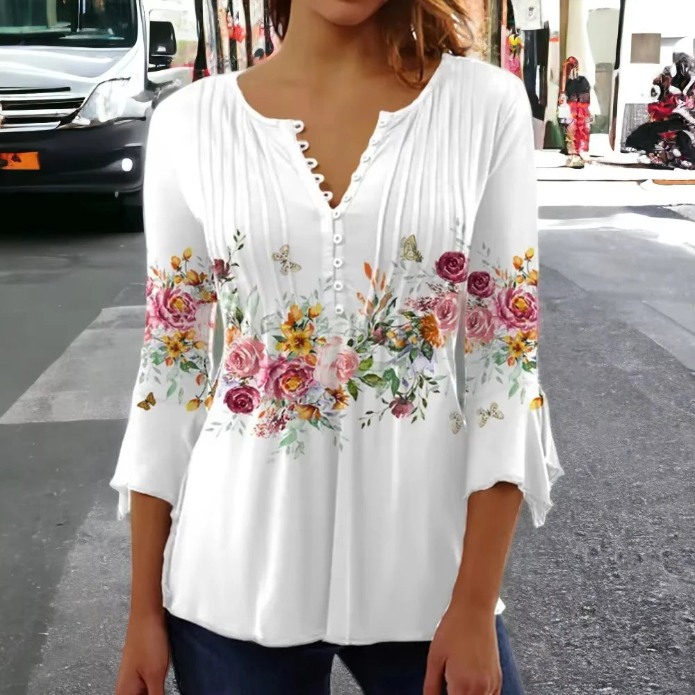 Print Shirts for Women Spring Summer Three Quarter Sleeve V-Neck Buttons Blouse Shirt Elegant Office Ladies Long Tops Bazaare Mart