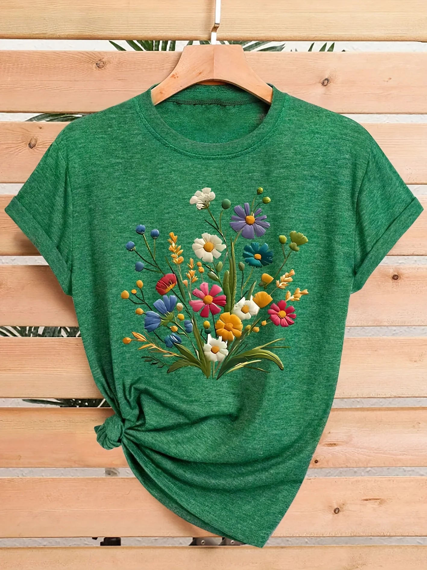 Wildflower Bouquet Women’s Graphic Tee – Colorful Floral Crew Neck Casual T-Shirt TX-WMYZ-1914 Bazaare Mart Lady's T-Shirt