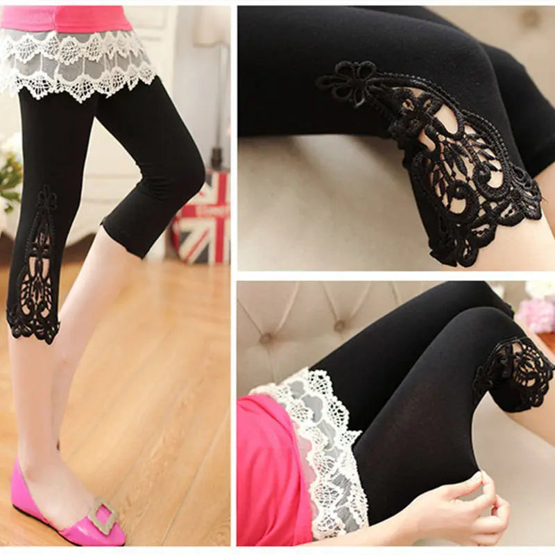 Women's Lace Trim Capri Leggings – High Waist Stretch 3/4 Length Cropped Leggings Bazaare Mart Capris Leggings