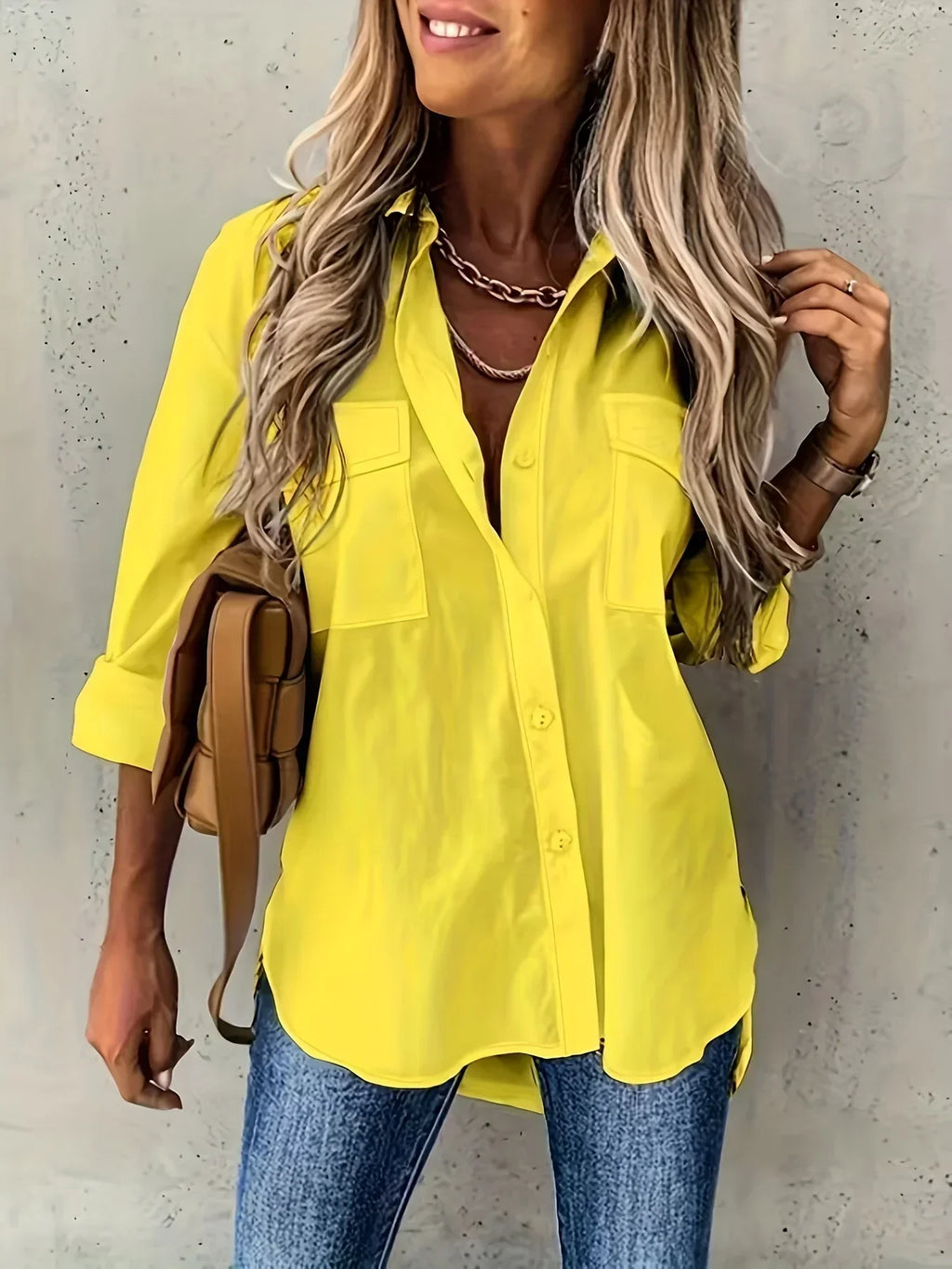 Solid Color Long Rolled Sleeve Button Up Shirt