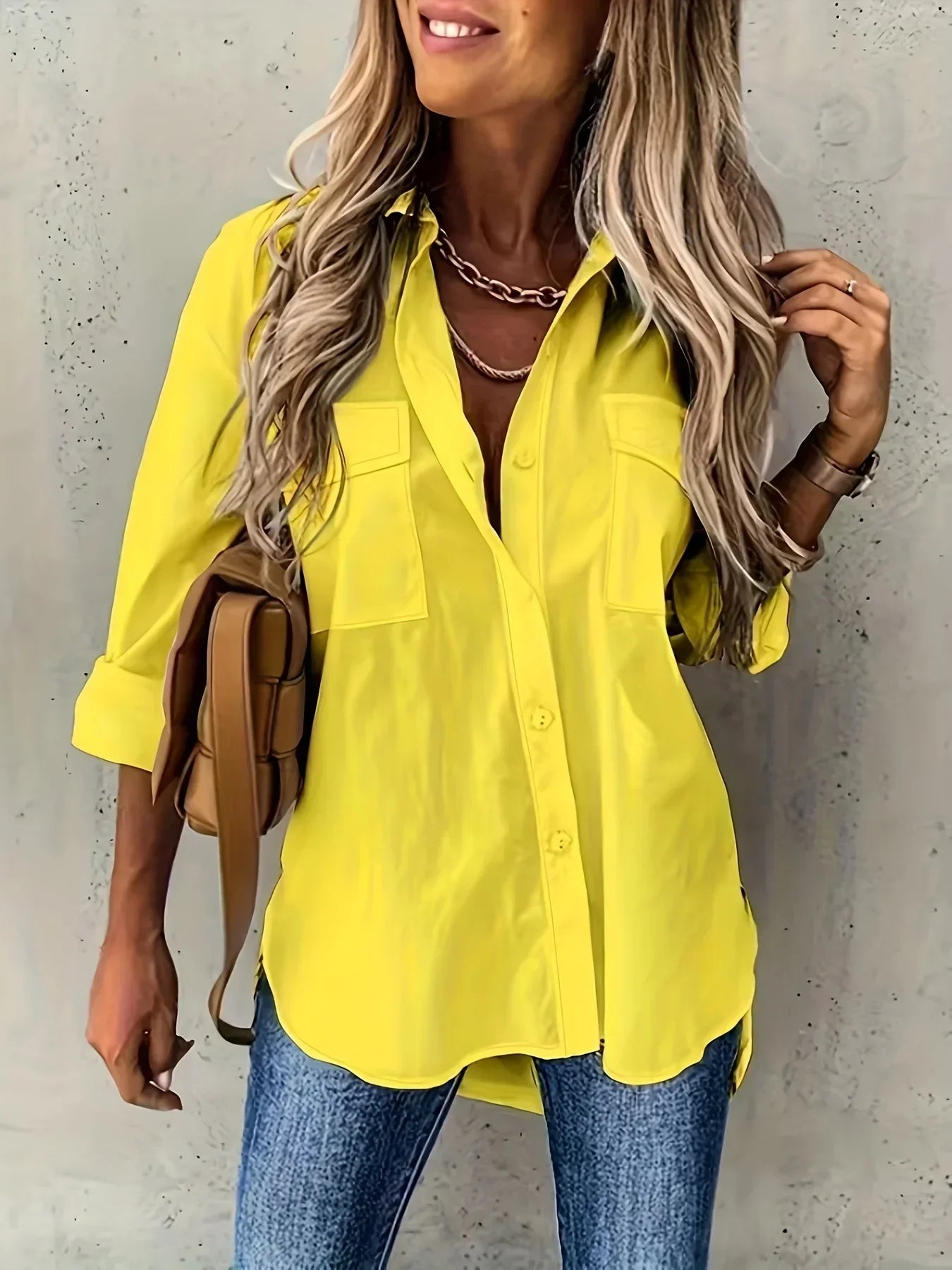 Solid Color Long Rolled Sleeve Button Up Shirt
