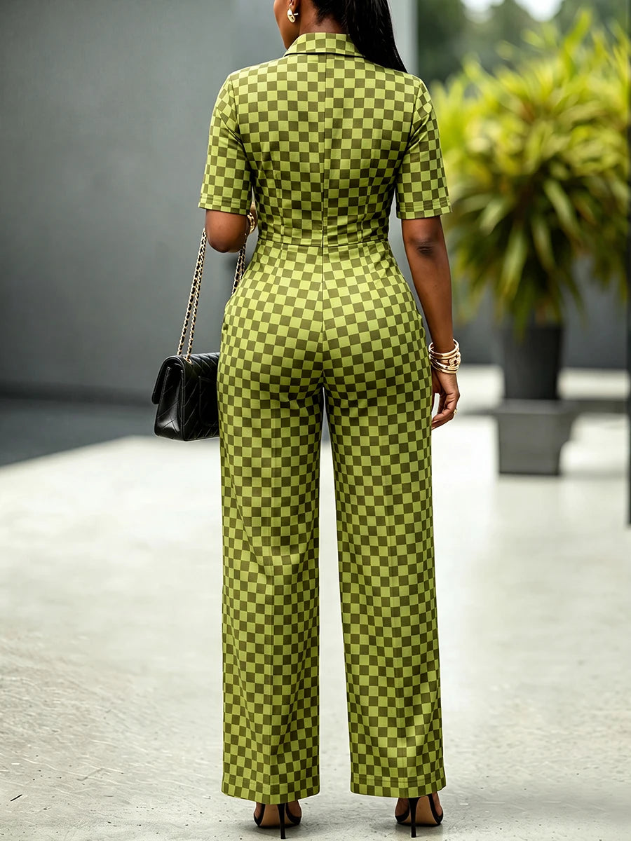 Green Checkerboard Jumpsuit – Button-Front Wide-Leg One-Piece