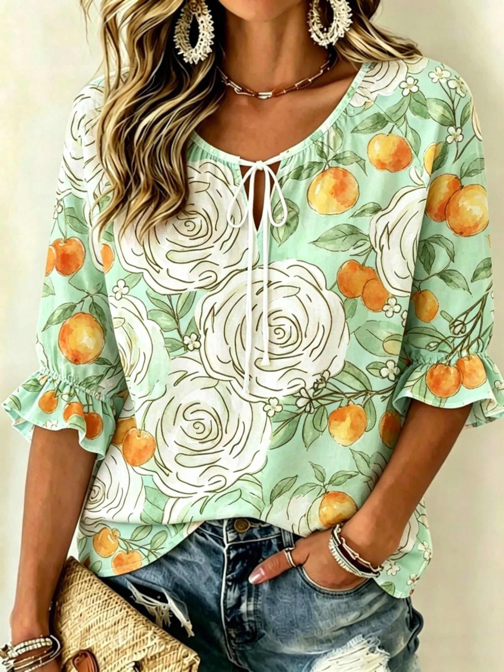 Women's Watercolor Floral Print Tie Neck Blouse – Ruffle Half Sleeve Casual Top NZHLE2026291CD Bazaare Mart 1/2 Sleeve Paisley Blouse