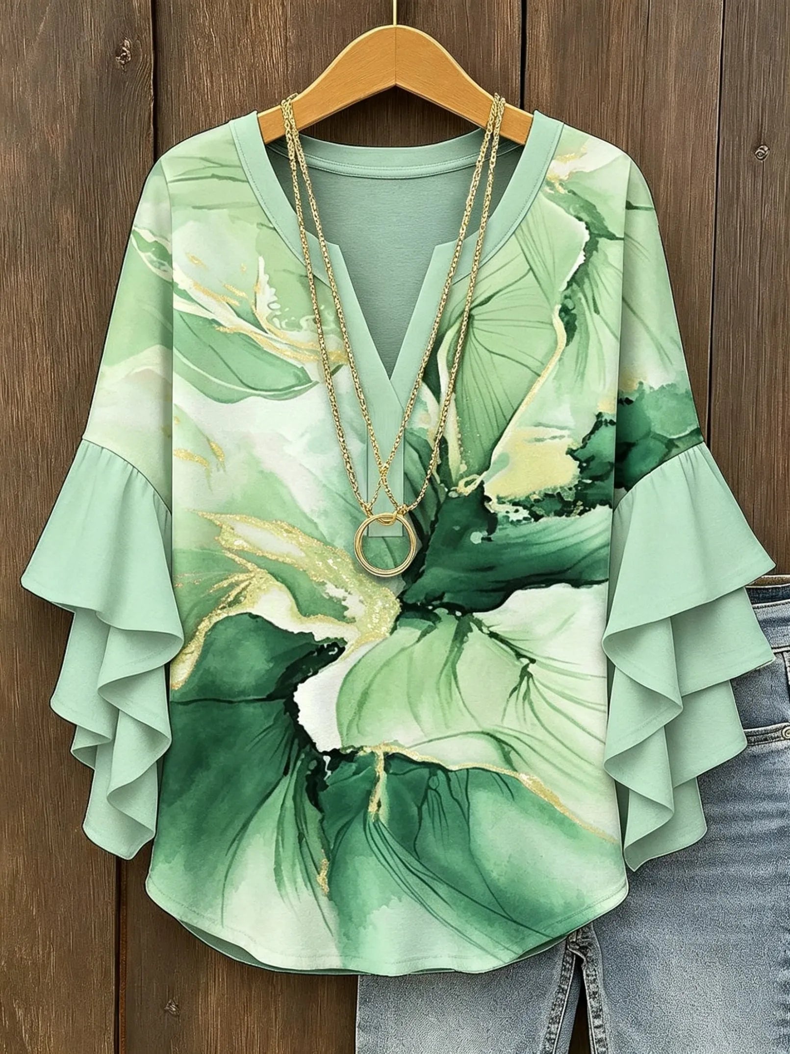 Women's V Neck Ruffle Half Sleeve Lotus Print Blouse, Casual Daily Holiday Tops Mint Green White Spring Summer HCHLD20263017Z Bazaare Mart