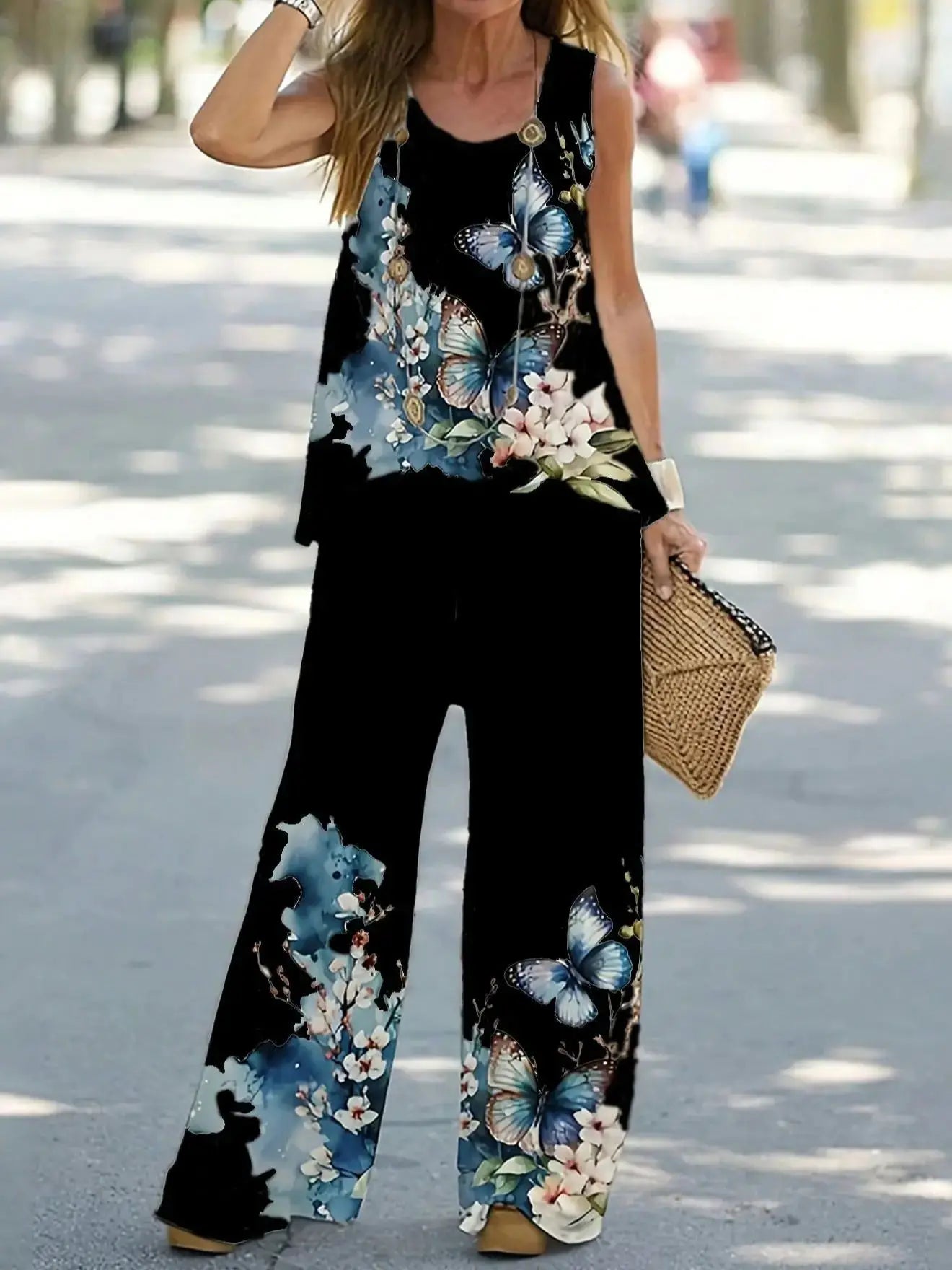 Simple Sleeveless Printed Vest Long Pants Set Women Summer Fashion Round Neck Casual T-Shirt Top Loose Pants Suit Clothes Black Bazaare Mart