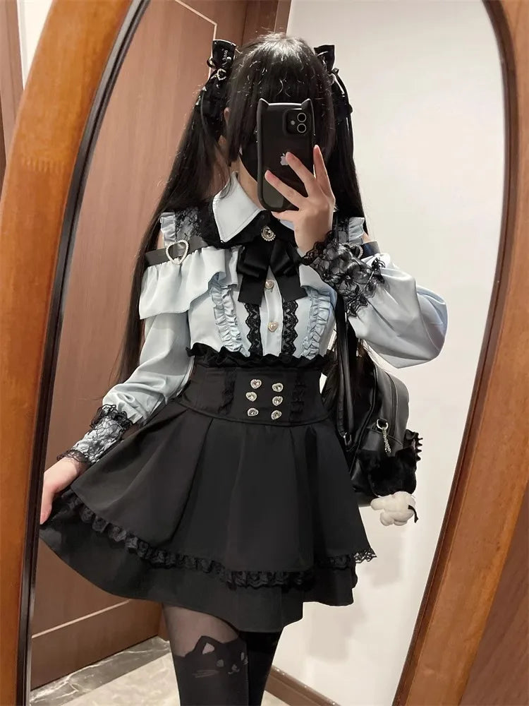 Dark Sweet Heart Ground Type Lolita Set, Ruffle Sleeve Top & A-line Skirt, Cute Kawaii Japanese Style Gothic Coord Outfit S-XL Bazaare Mart