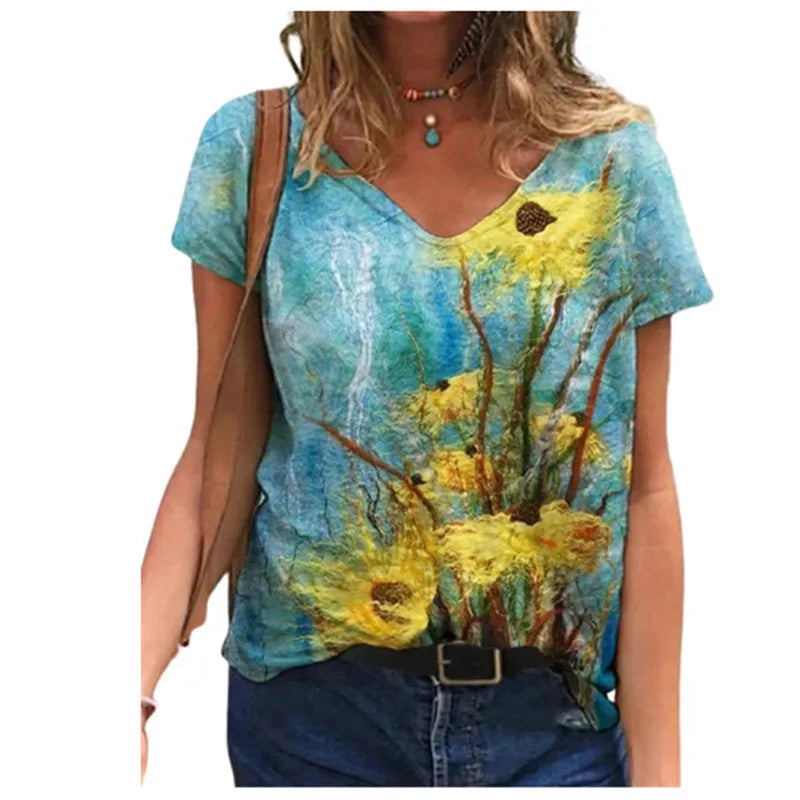 Women's Floral 3D Print V-Neck T-Shirt
