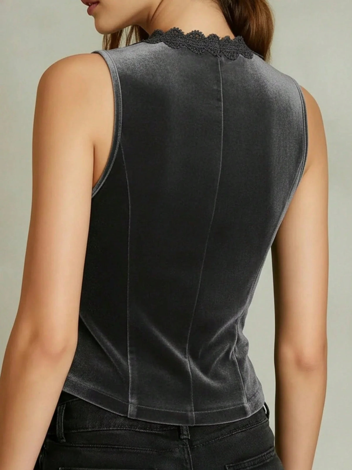 Women's V-Neck Velvet Vest with Lace Trim and Button Design