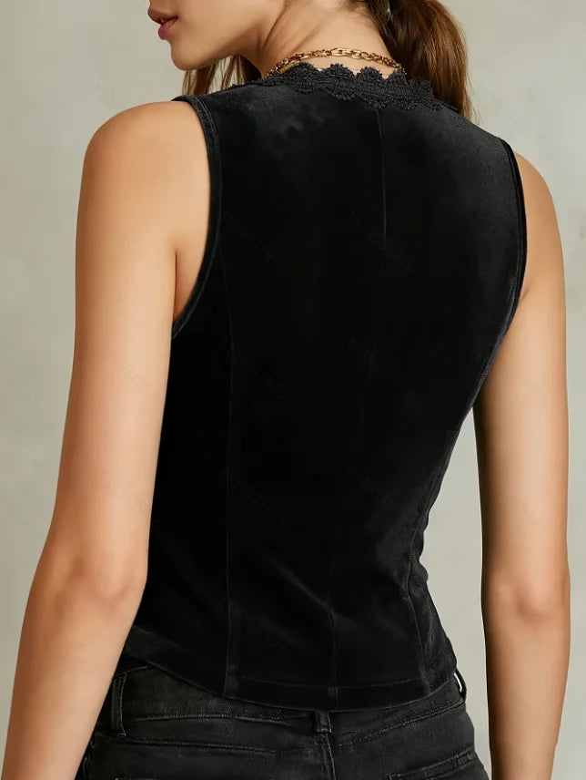 Women's V-Neck Velvet Vest with Lace Trim and Button Design