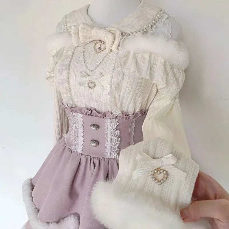 Jirai Kei Layered Skirt Outfit Lolita Y2K Pink Lace Pearl Long Sleeve Top Women Sweet Kawaii High Waist Japanese Style Xmas Set Bazaare Mart