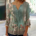 Print Shirts for Women Spring Summer Three Quarter Sleeve V-Neck Buttons Blouse Shirt Elegant Office Ladies Long Tops Green Bazaare Mart