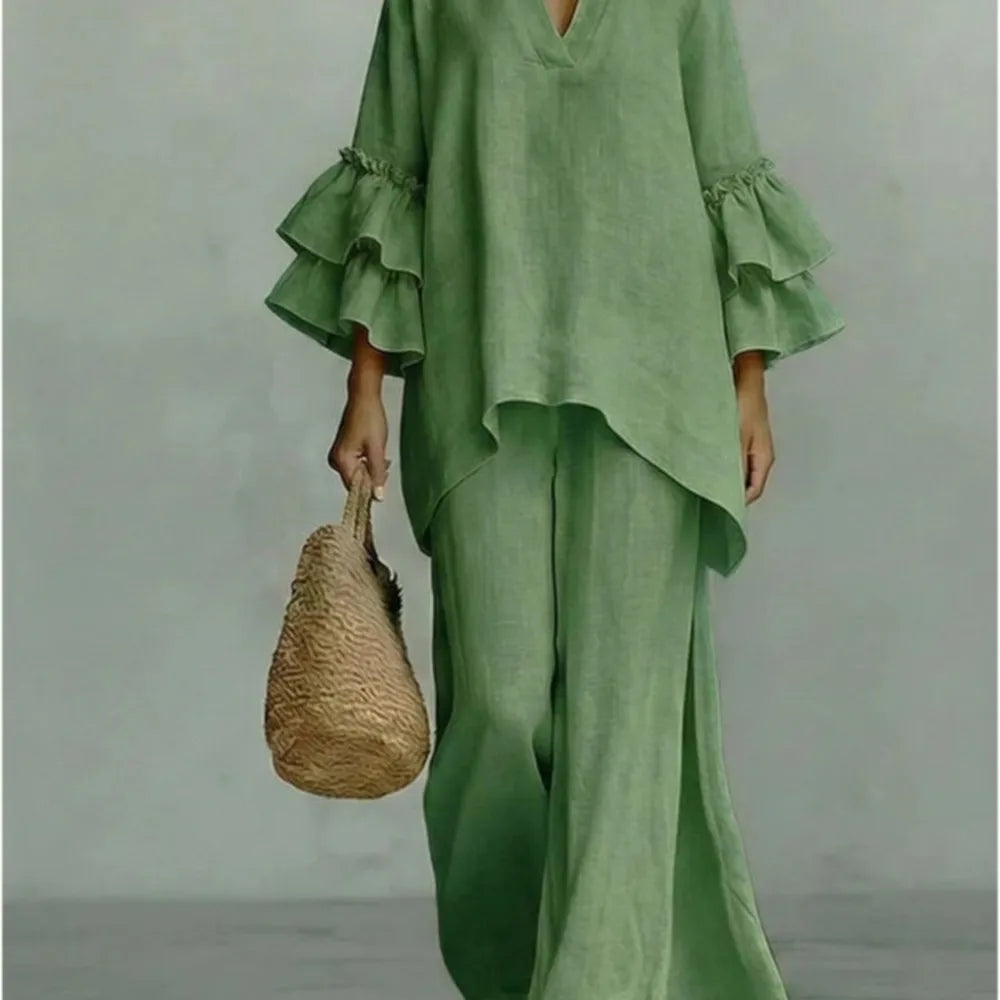 Women's 2-Piece Wide-Leg Pants Set with Ruffle Sleeves