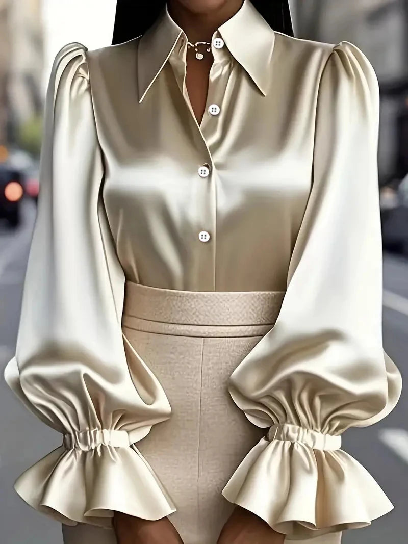 Fancy Satin Ruffled Cuff Long Puffed Sleeves Beige Bazaare Mart Long Sleeve Button Up Blouse