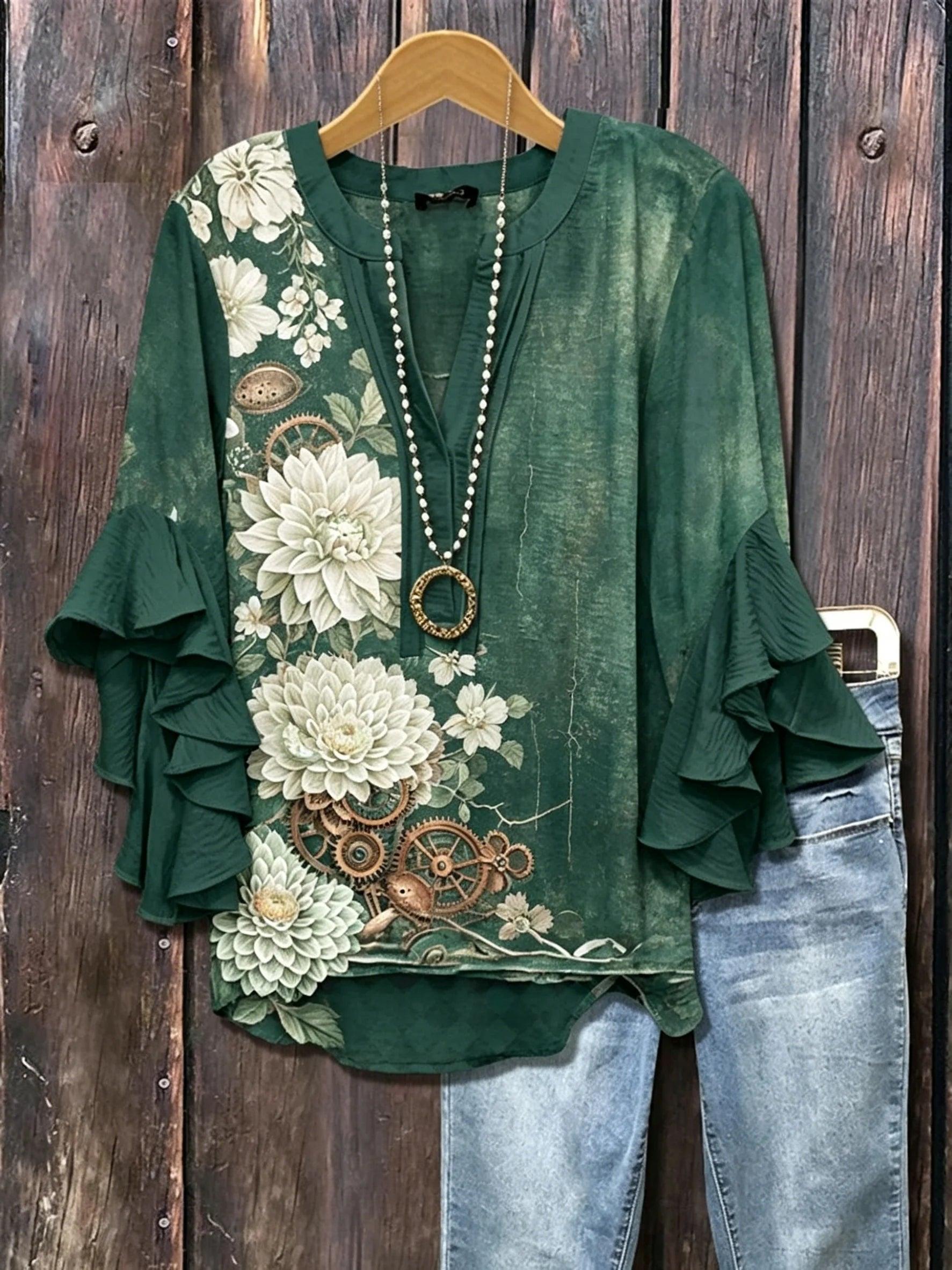 Women's Steampunk Floral Print V-Neck Ruffle Sleeve Blouse | Vintage Botanical Casual Top HCHLD20263019F Bazaare Mart Floral Blouse