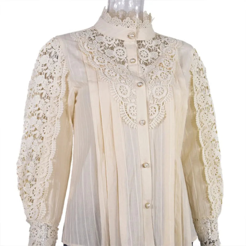 Vintage Lace Long Sleeve Pearl Button Blouse