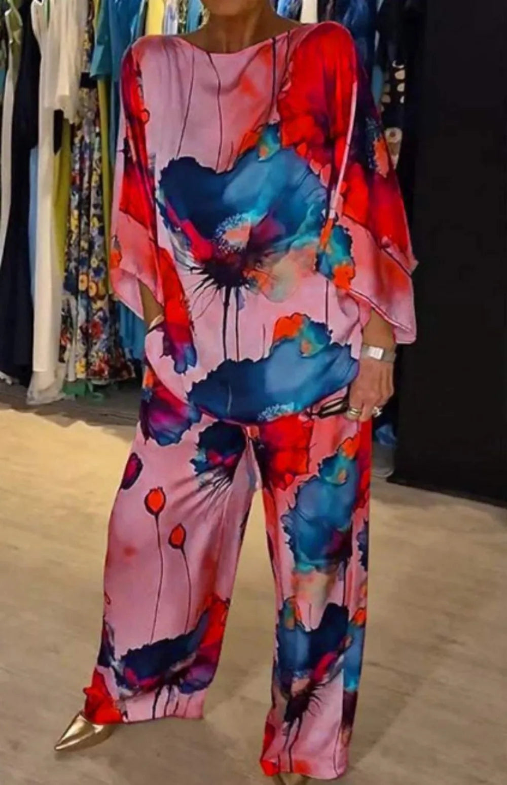 Printed Satin Two-piece Set, 3/4 Sleeve Round Neck Pants, Summer Fashion, Pants Sets