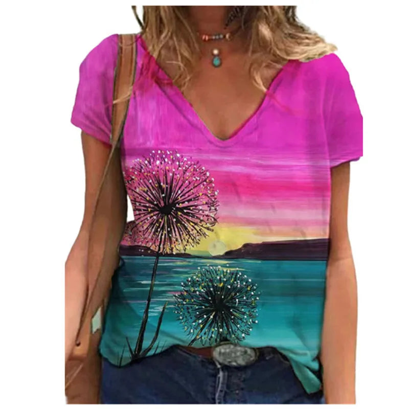 Women's Floral 3D Print V-Neck T-Shirt