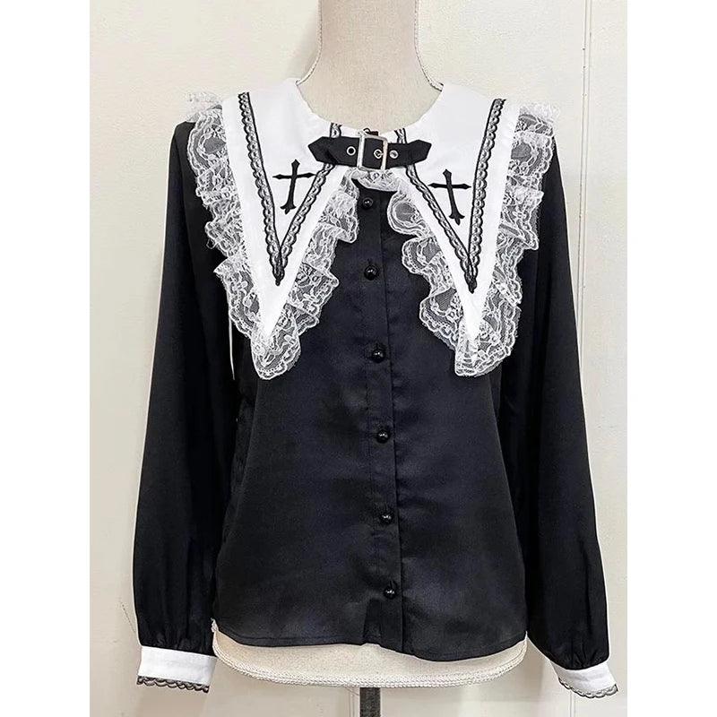 Women's Kawaii Lolita Blouse – Japanese-Inspired Peter Pan Collar Shirt with Lace & Bow Details black white Bazaare Mart Blouse