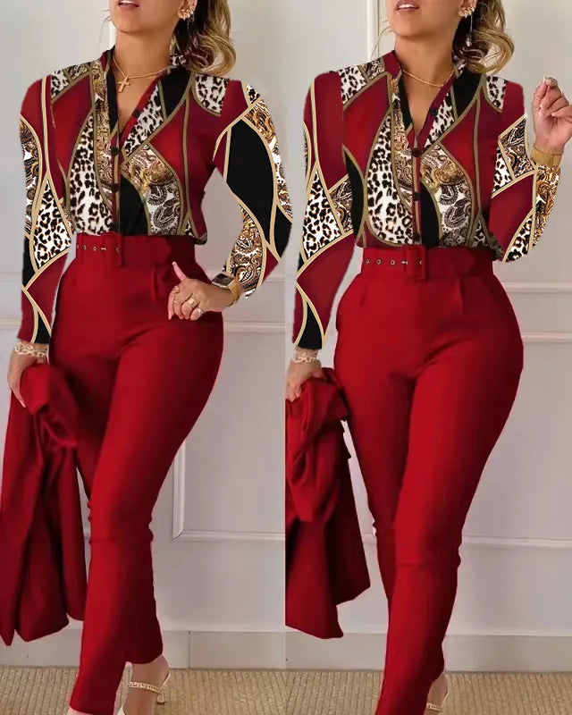 Print Long Sleeve Shirt Matching Pants Sets With Belt