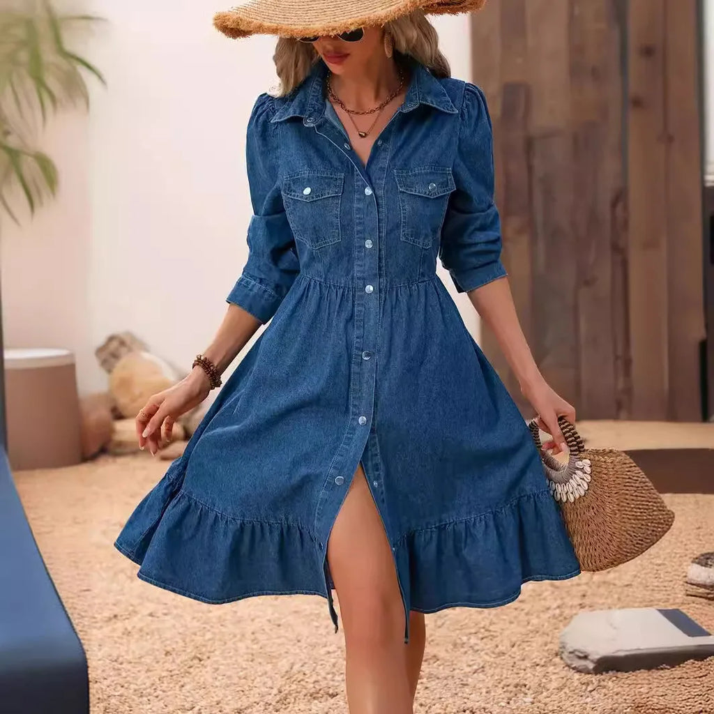 Denim Long Sleeve Button Up Shirt Dress