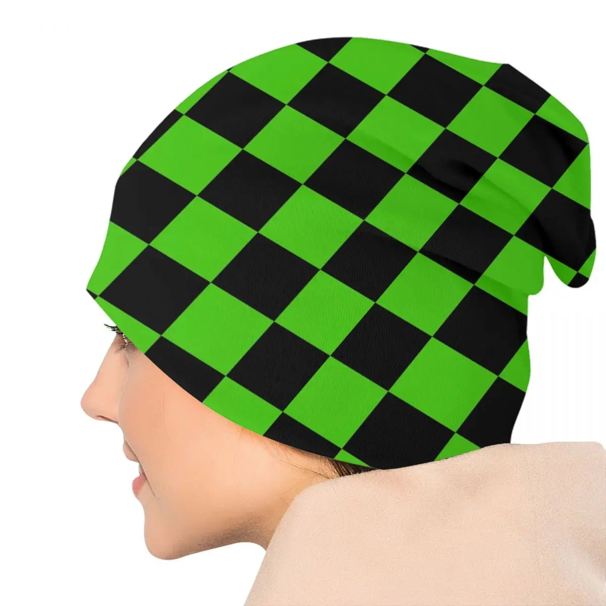 Unisex Knitted Adult Green and Black Checkerboard Cap