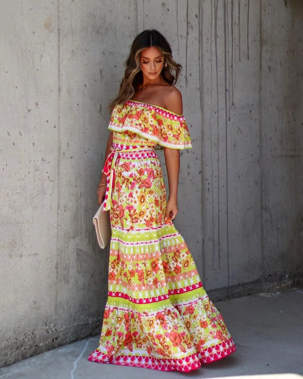 Off-shoulder Long Ruffled Peasant Dress