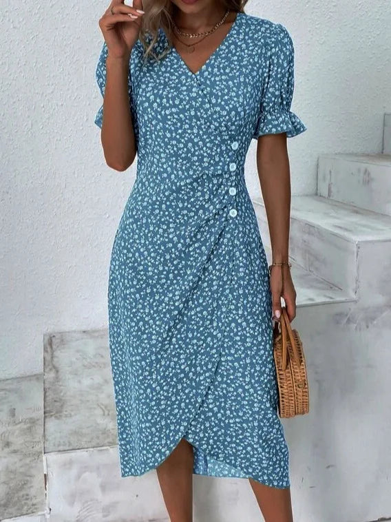 Elegant Printed Puff Sleeve V-neck Wrap Dress
