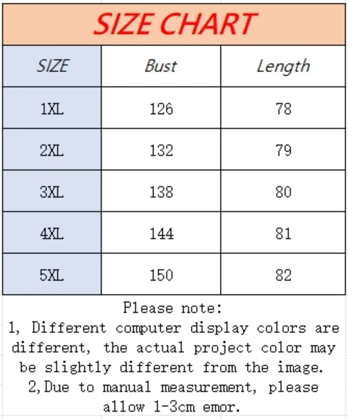 Size chart for clothing with bust and length measurements in centimeters.