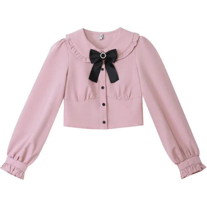 Jirai Kei 2 PCS Lolita Dress Set Pink Black Bow Ruffle Blouse Lace-up Skirt Japanese Japanese Harajuku Sweet Outfits for Women Blouse Bazaare Mart