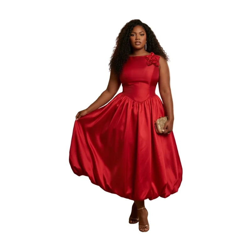 Red Satin Pleated Midi Dress – Elegant Sleeveless Dress for Weddings & Special Occasions