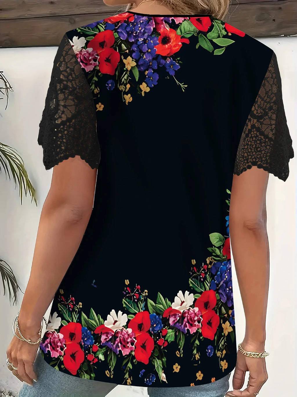 Women's Boho Floral Lace Sleeve Blouse – V-Neck Loose Fit Casual Top Bazaare Mart Short Lace Sleeves V-Neck Top