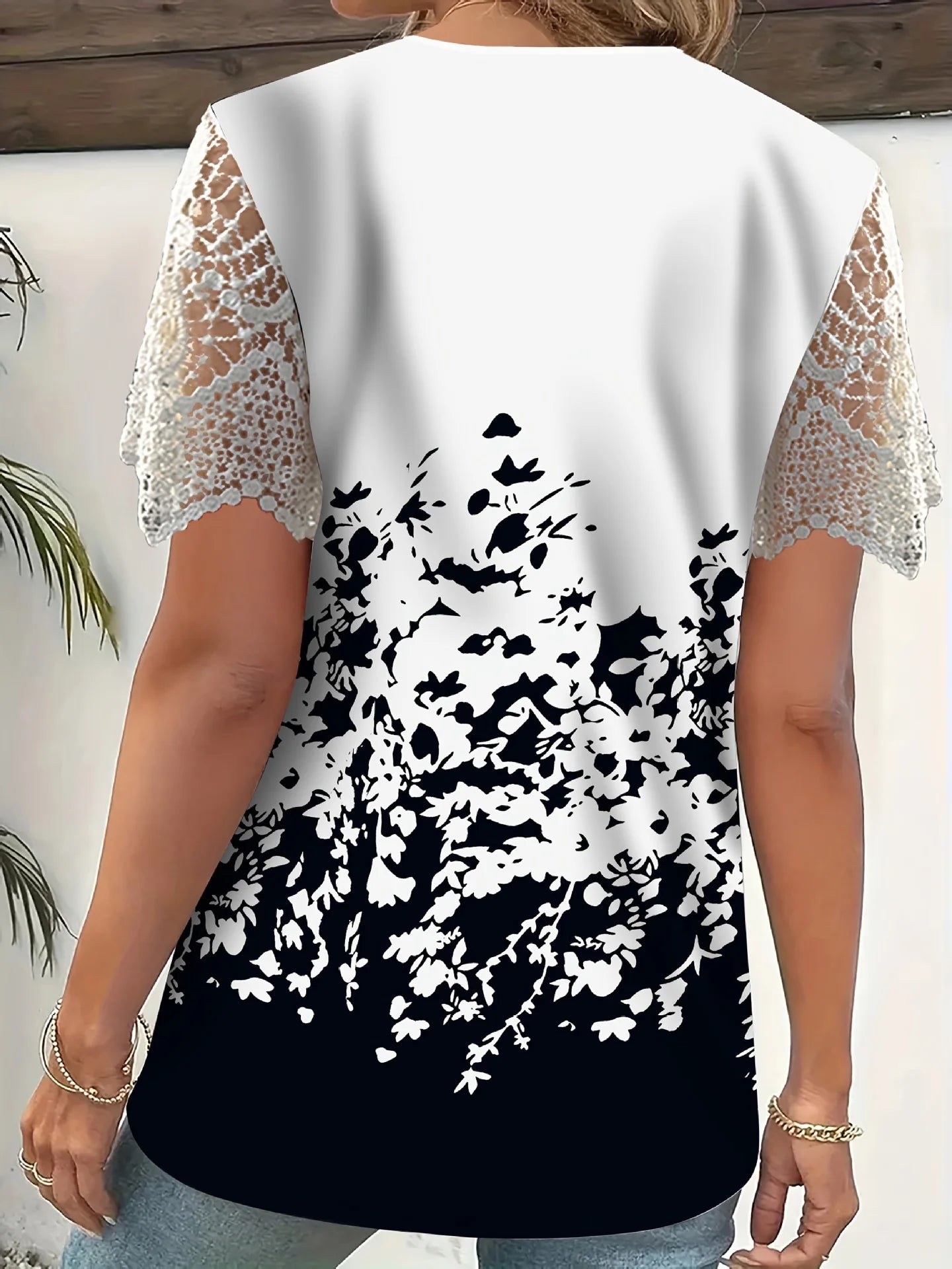 Women's Boho Floral Lace Sleeve Blouse – V-Neck Loose Fit Casual Top Bazaare Mart Short Lace Sleeves V-Neck Top