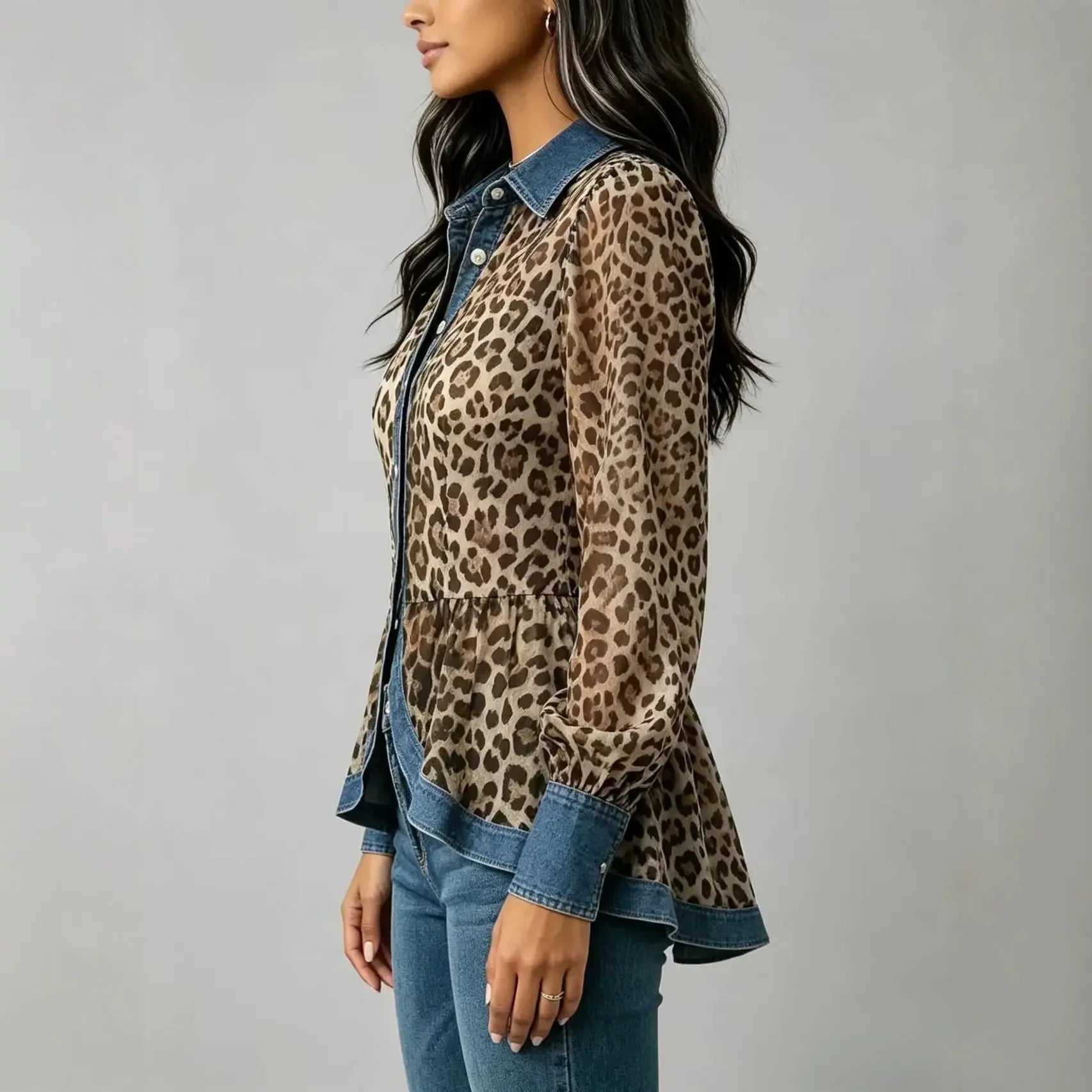 Leopard Print Chiffon Peplum Blouse with Denim Trim