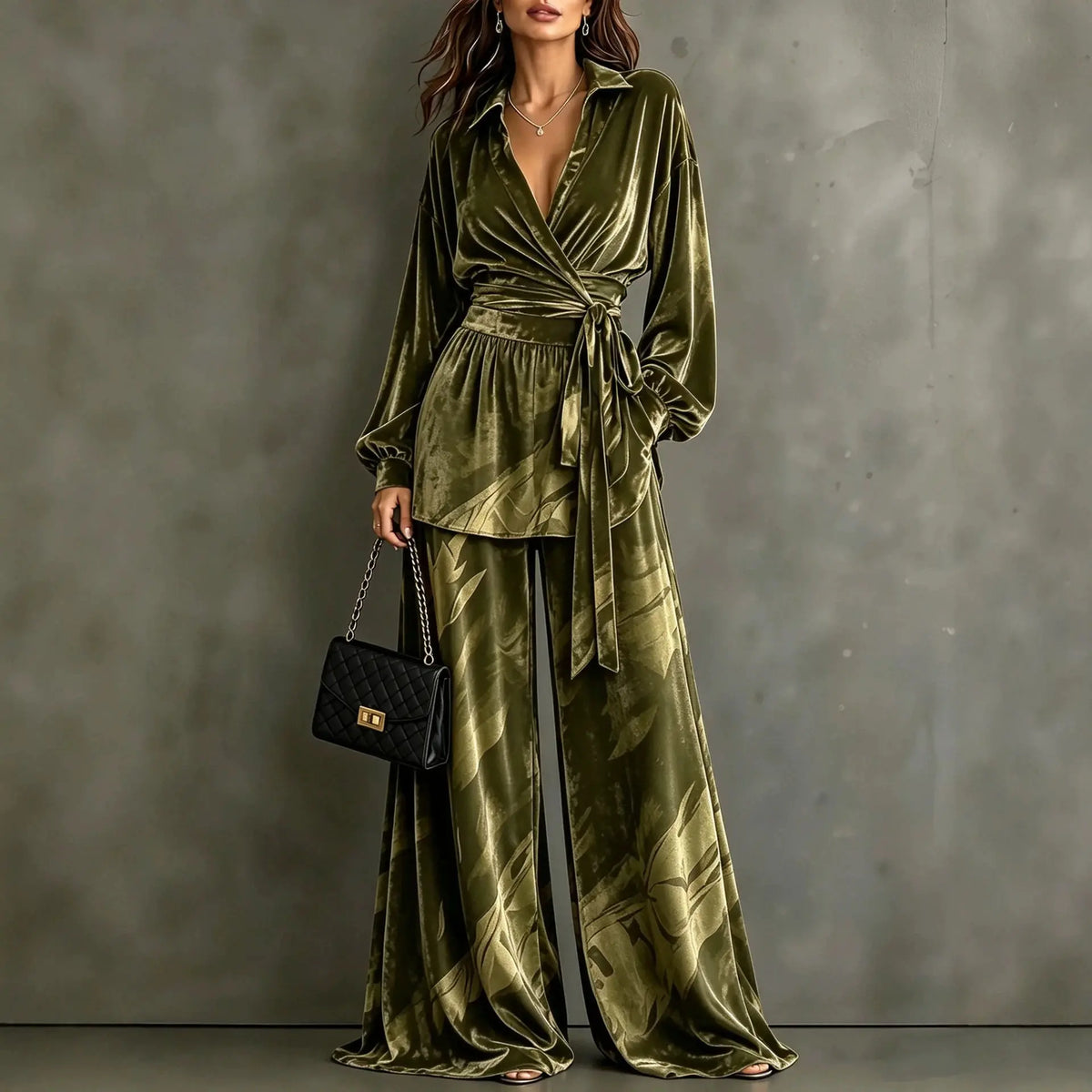 Women's Retro Velvet Two-Piece Set – V-Neck Top & Wide-Leg Pants