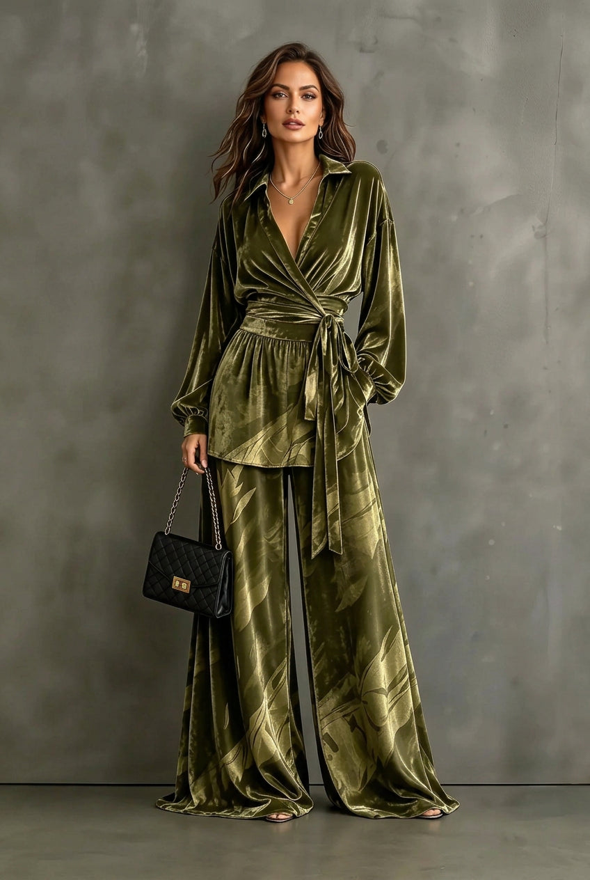 Women's Retro Velvet Two-Piece Set – V-Neck Top & Wide-Leg Pants