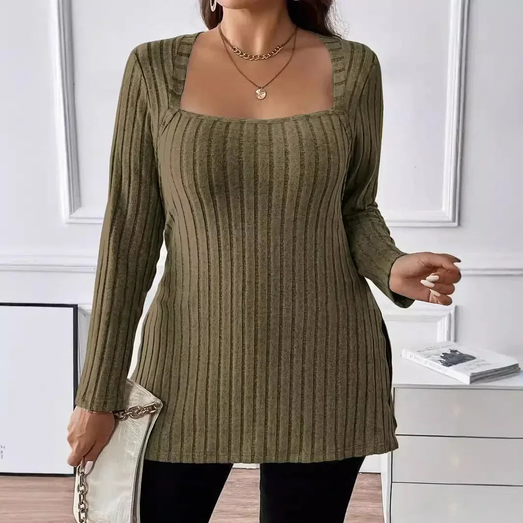 Plus Size New Autumn and Winter 1XL-5XL Women's Fashion Solid Color Sweater Ladies Square Neck Long Sleeved Casual Top Bazaare Mart