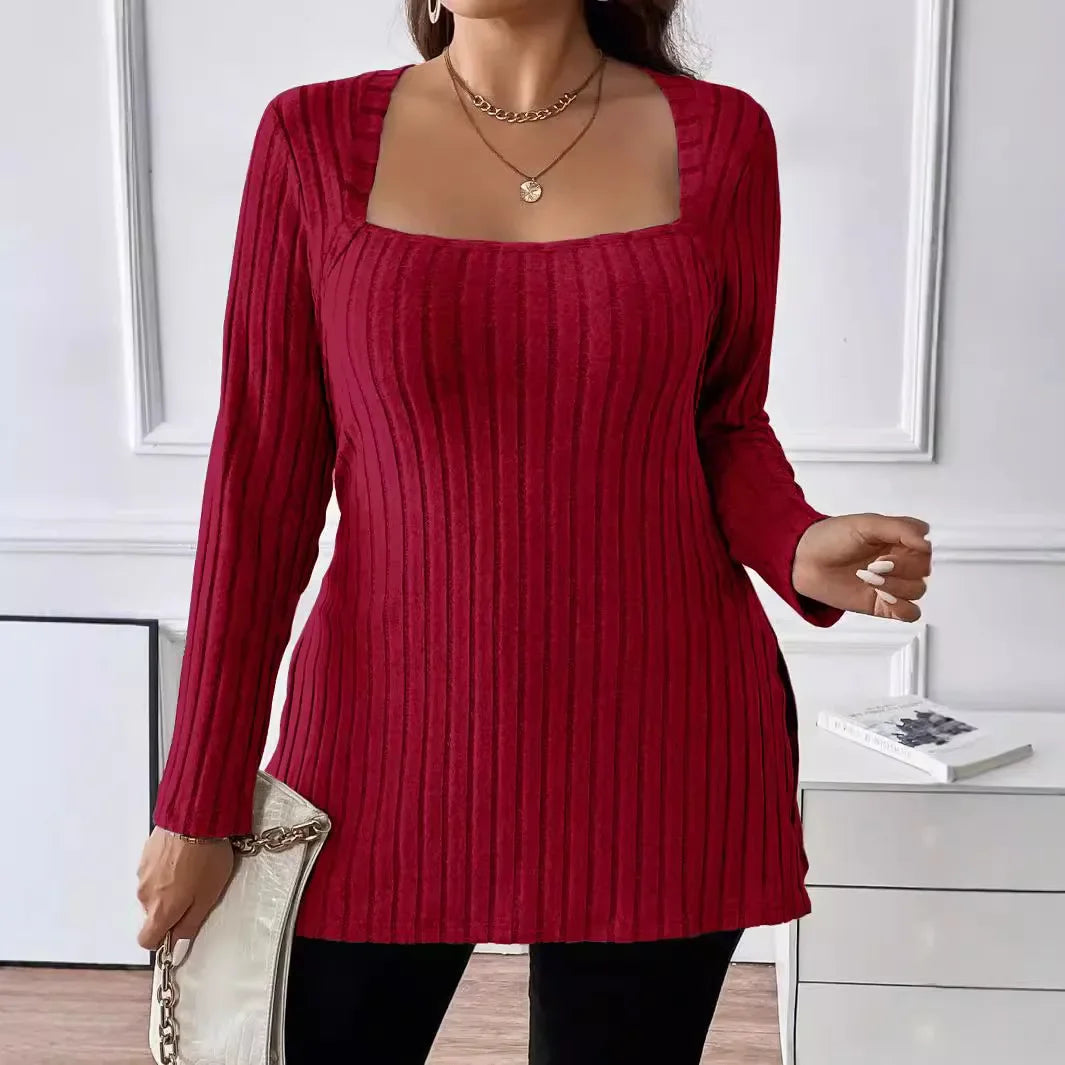 Plus Size New Autumn and Winter 1XL-5XL Women's Fashion Solid Color Sweater Ladies Square Neck Long Sleeved Casual Top wine red Bazaare Mart