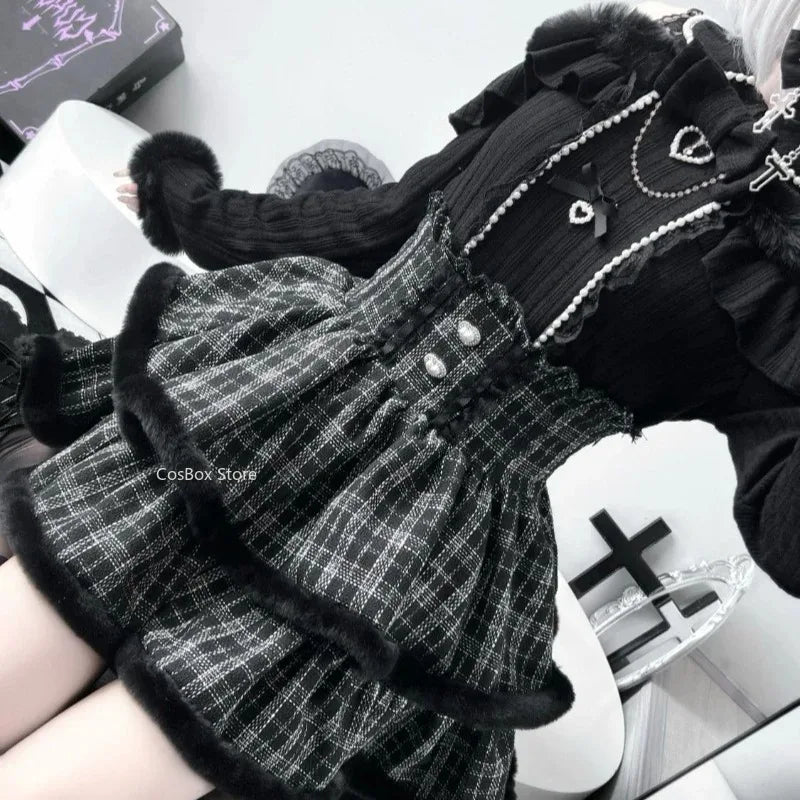 Jirai Kei Layered Skirt Outfit Lolita Y2K Pink Lace Pearl Long Sleeve Top Women Sweet Kawaii High Waist Japanese Style Xmas Set Bazaare Mart