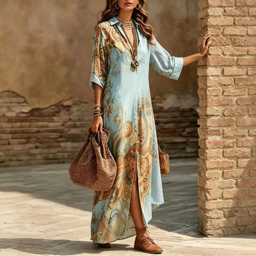 Elegant Printed Chiffon Maxi Shirt Dress