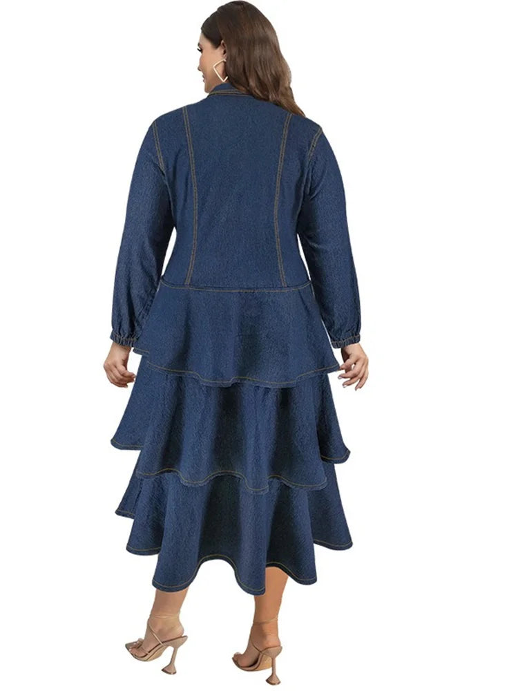 Blue Denim Tiered Ruffle Midi Dress